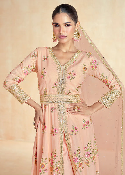 Peach Embroidered Pant Style Anarkali