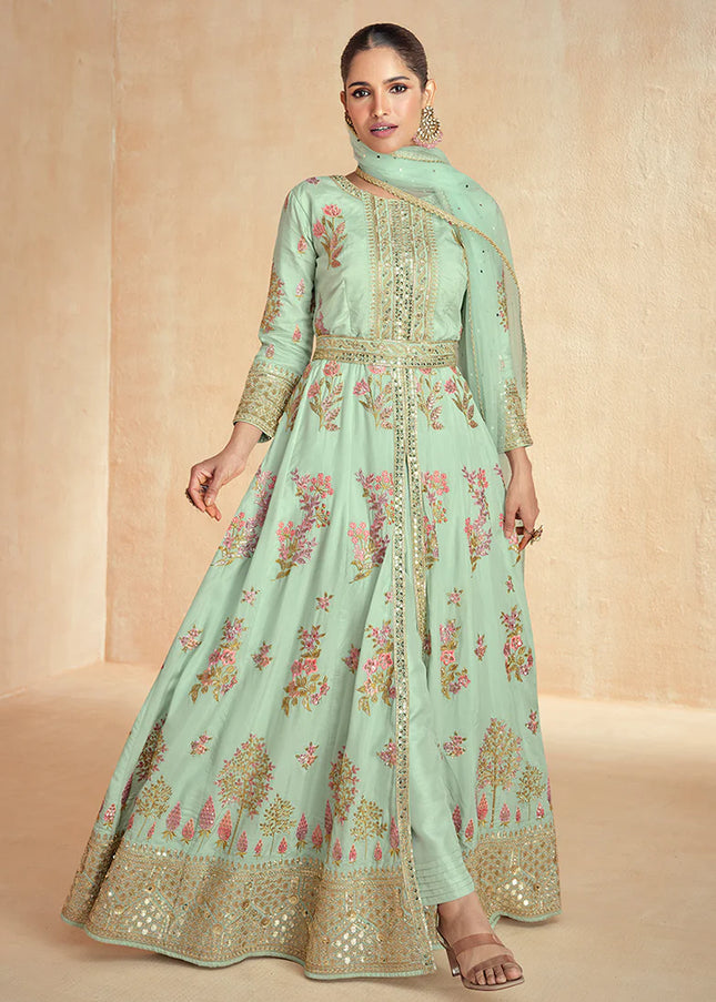 Mint Green Embroidered Pant Style Anarkali