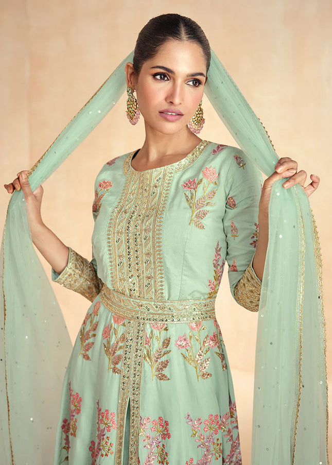 Mint Green Embroidered Pant Style Anarkali