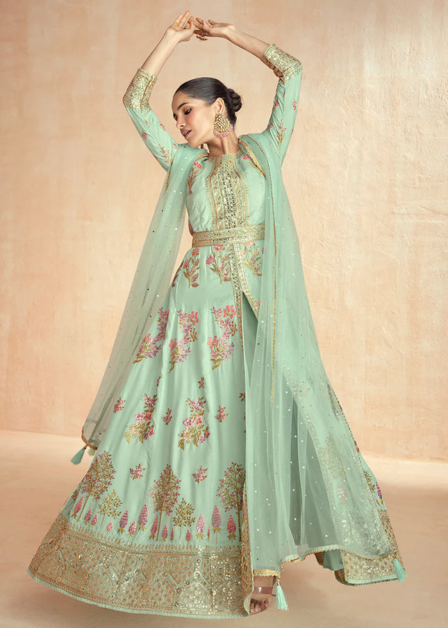 Mint Green Embroidered Pant Style Anarkali