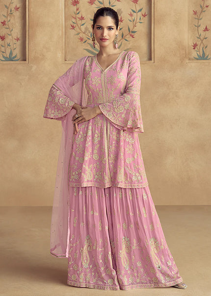 Pink Embroidered Sharara Suit