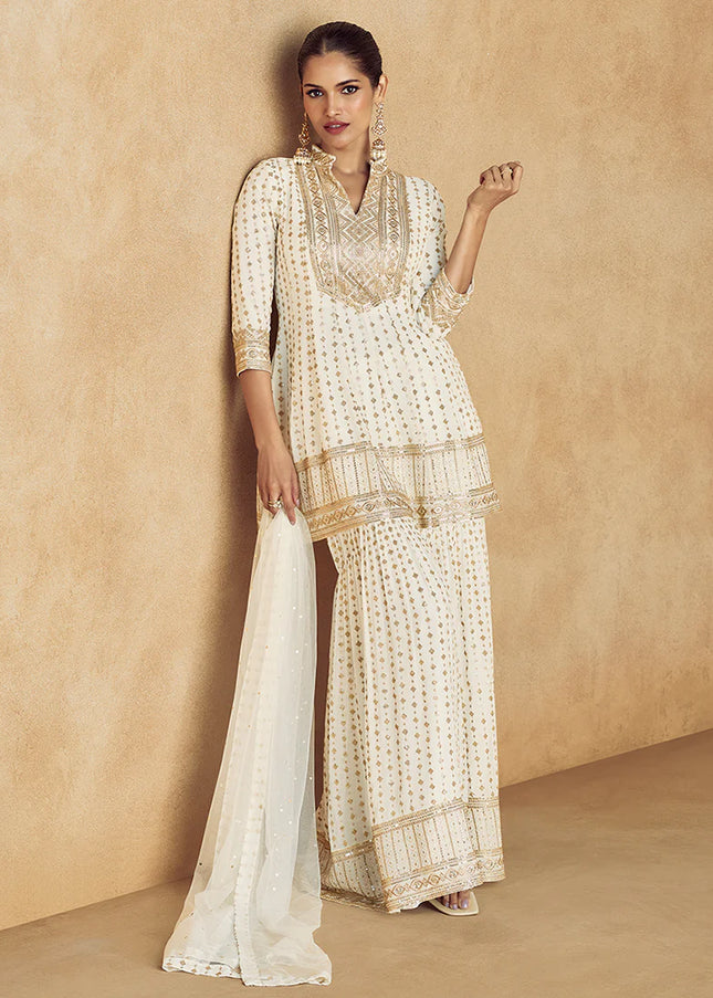 Offwhite Embroidered Sharara Suit