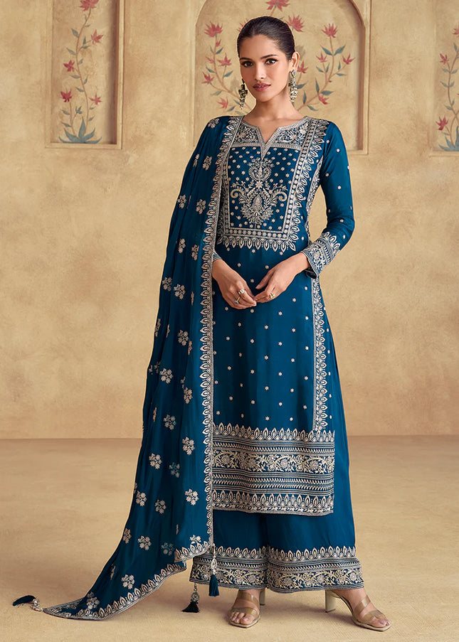 Blue Embroidered Pant Style Suit