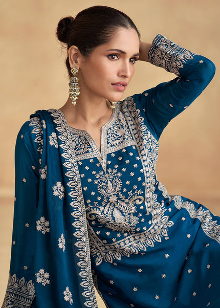 Blue Embroidered Pant Style Suit