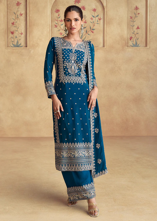 Blue Embroidered Pant Style Suit