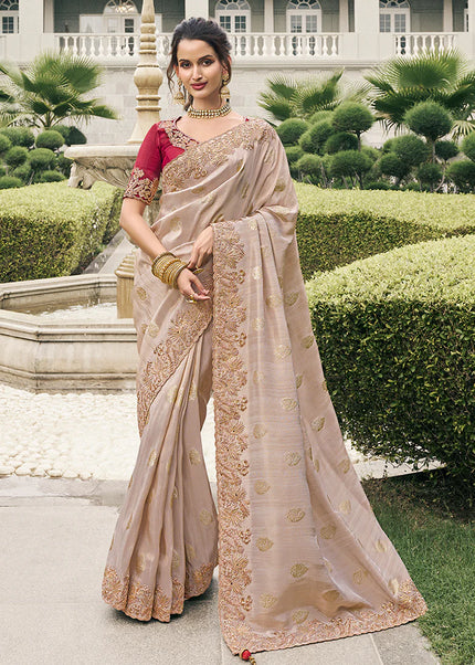 Red and Beige Embroidered Wedding Saree