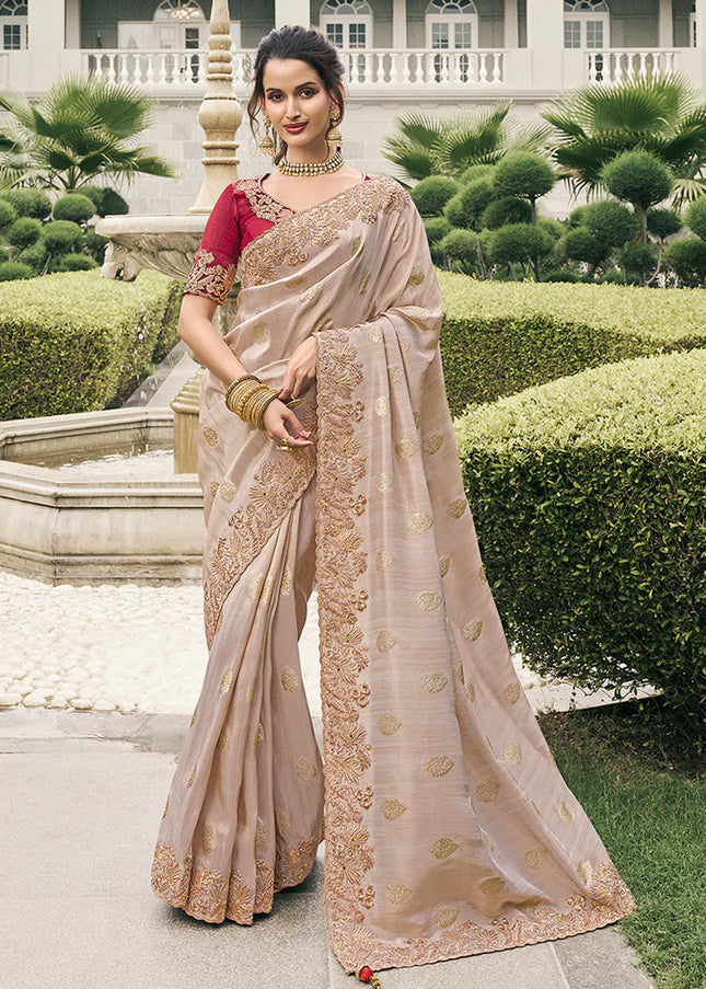 Red and Beige Embroidered Wedding Saree