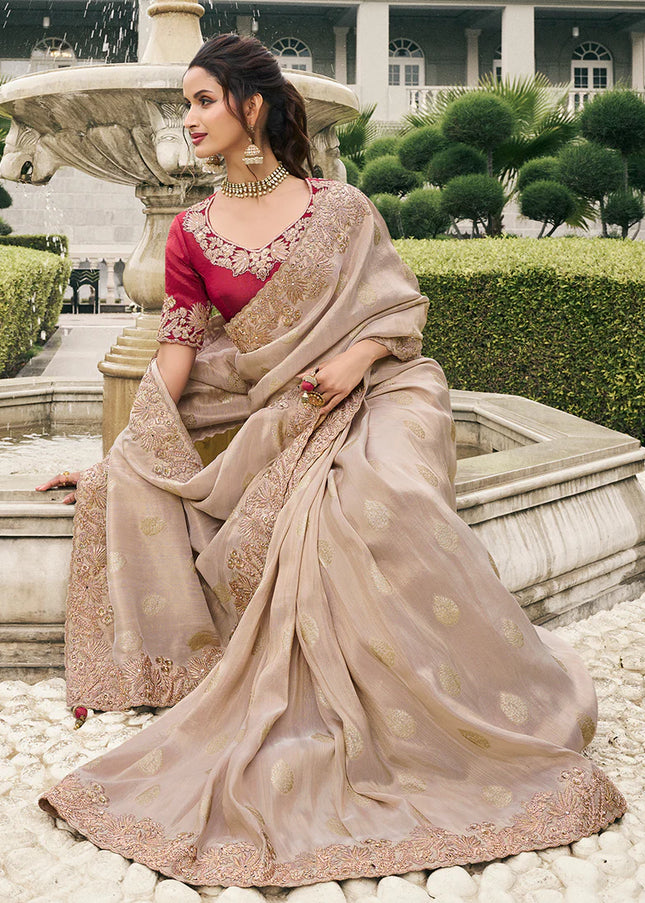 Red and Beige Embroidered Wedding Saree