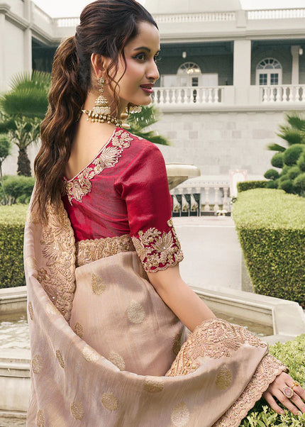 Red and Beige Embroidered Wedding Saree