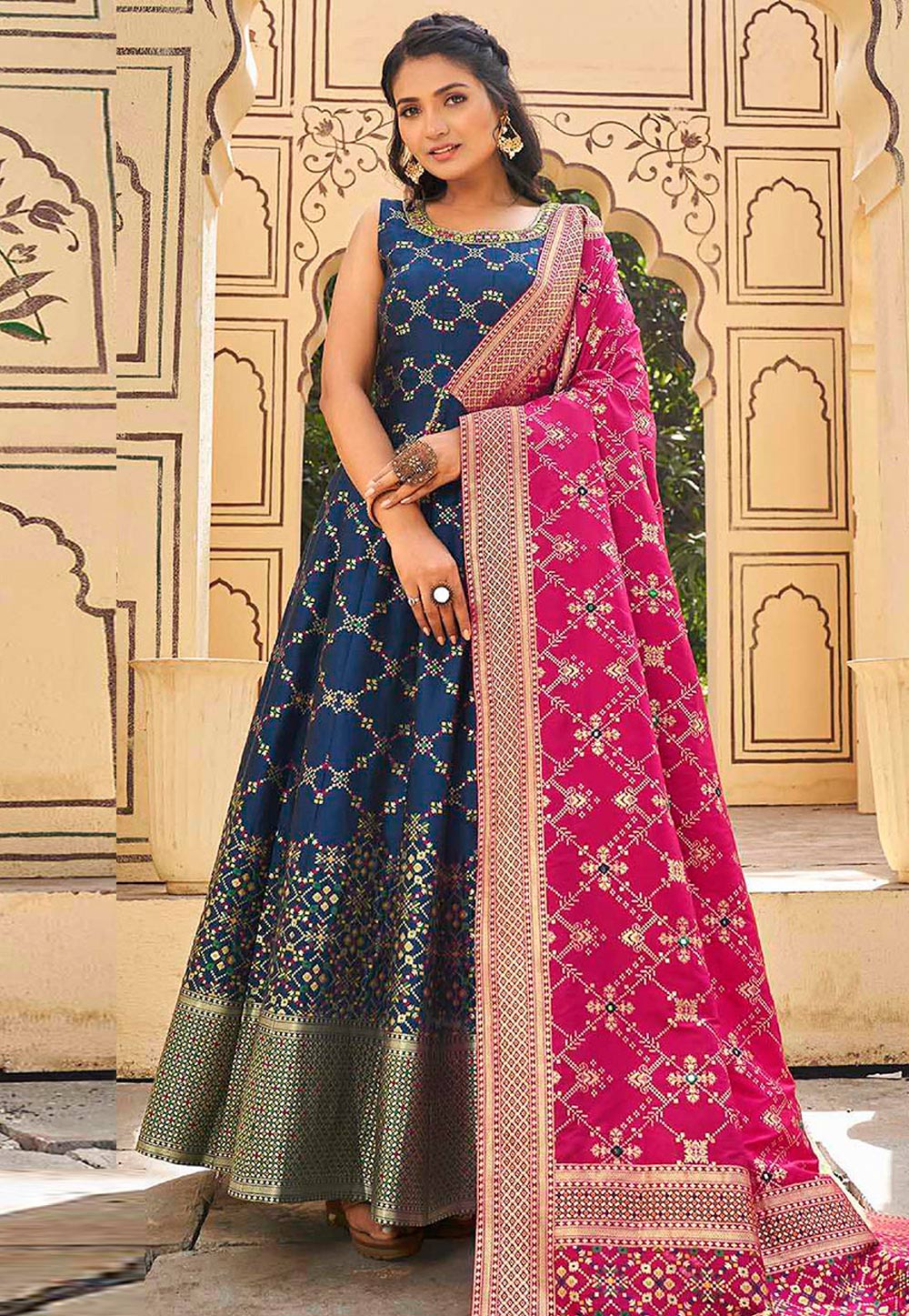 Buy SCAKHI Black Banarasi Kora Silk Tribal Print Anarkali Dress With Block  Printed Jacket | Shoppers Stop