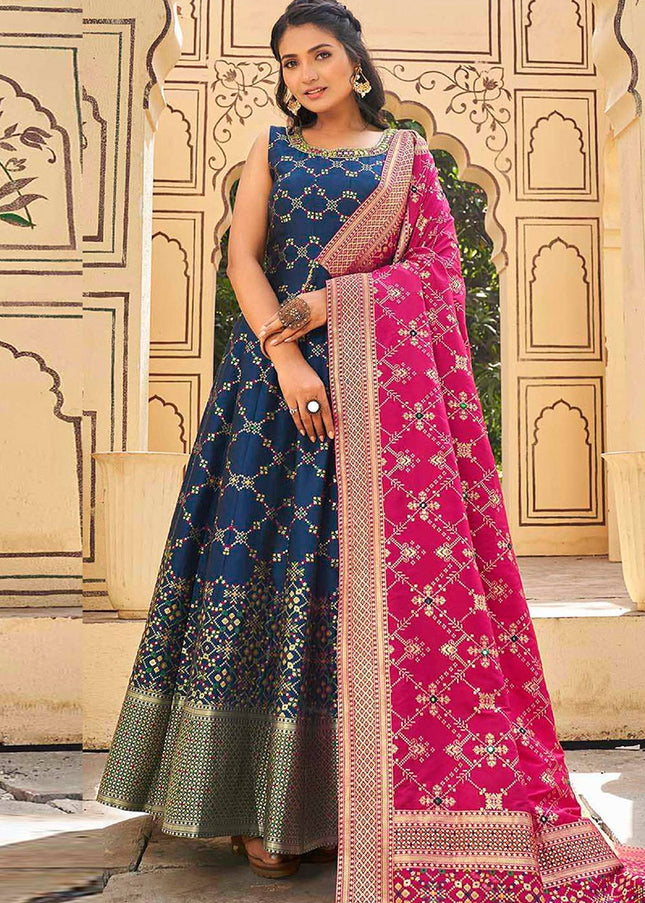 navy blue and pink dress combination Navy Plunging V-neck Flounced Fit-and-flare Prom Dress