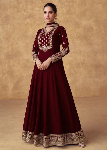 Maroon Embroidered Anarkali Gown