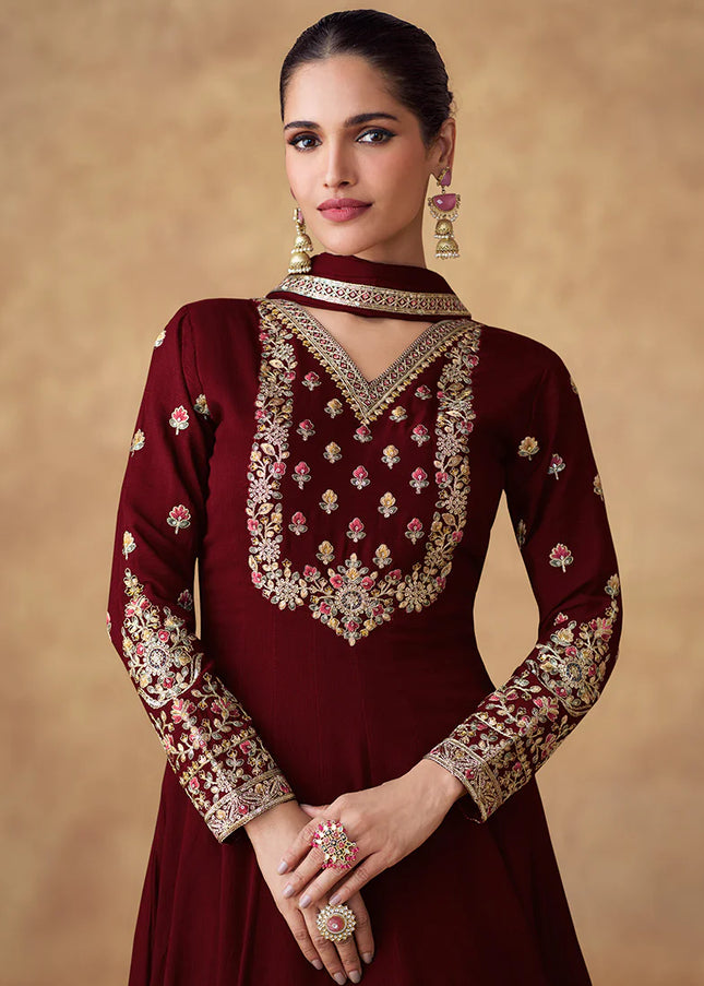 Maroon Embroidered Anarkali Gown