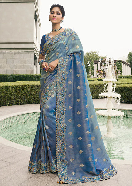 Blue Embroidered Wedding Saree