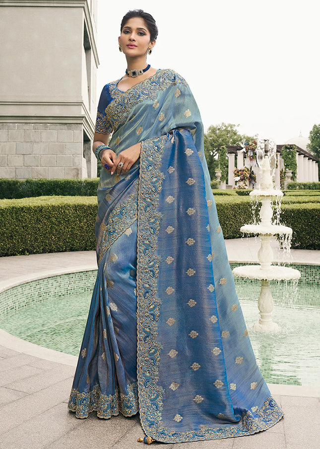 Blue Embroidered Wedding Saree