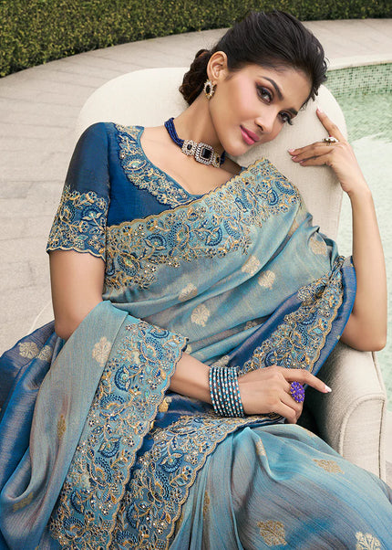 Blue Embroidered Wedding Saree