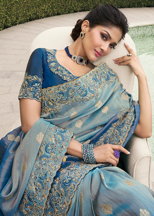 Blue Embroidered Wedding Saree