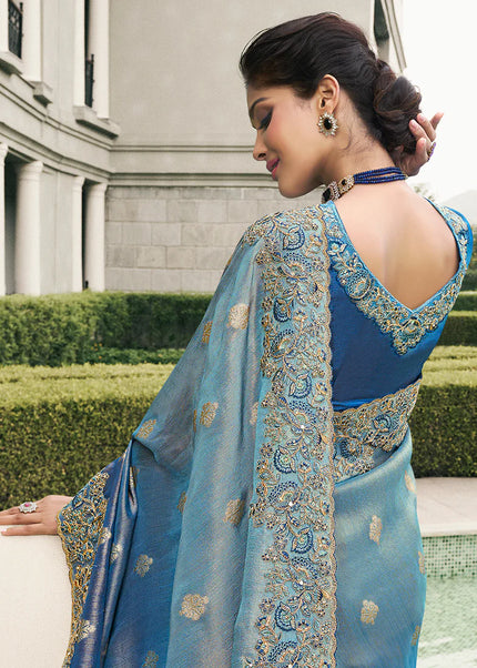 Blue Embroidered Wedding Saree