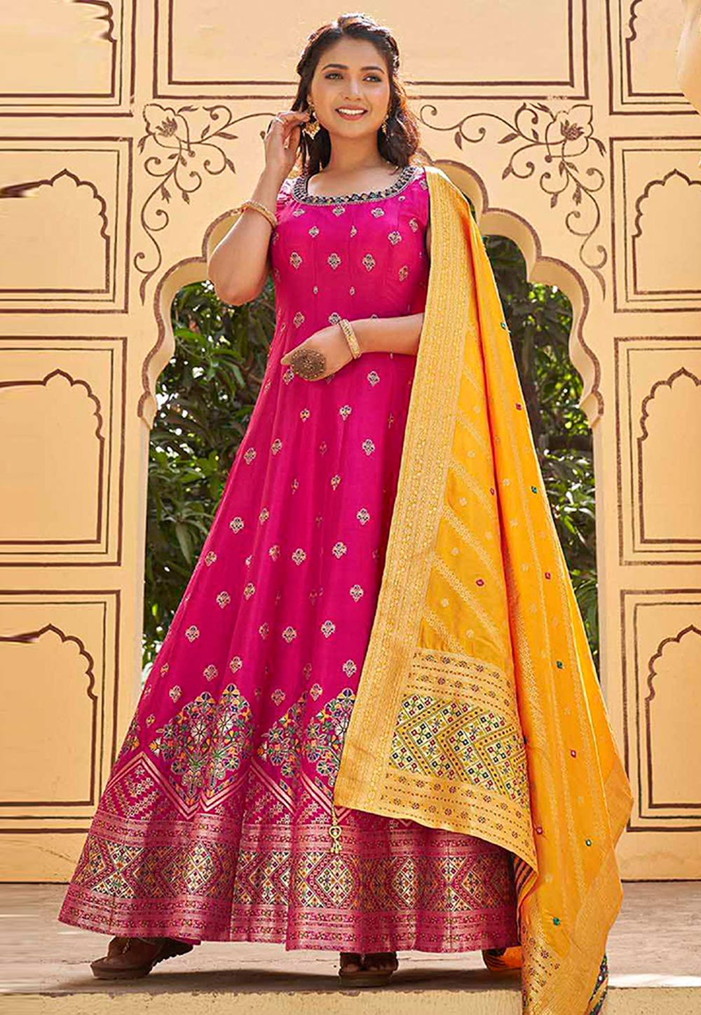 Lime Yellow Banarasi Anarkali Dress-Plus Size Clothing(XS-10XL)