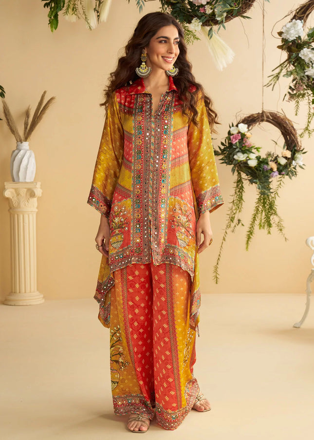 Mustard Yellow Multicolored Printed and Embroidered Co-Ord Set