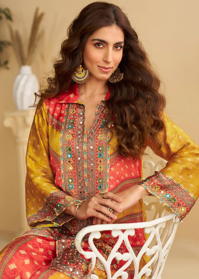 Mustard Yellow Multicolored Printed and Embroidered Co-Ord Set