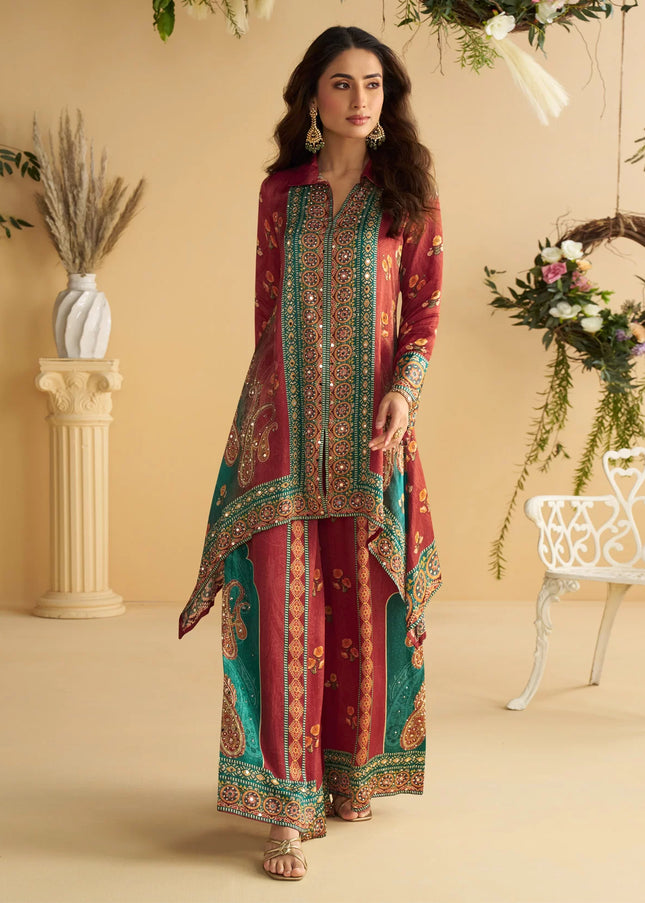 Rust Multicolored Printed and Embroidered Co-Ord Set
