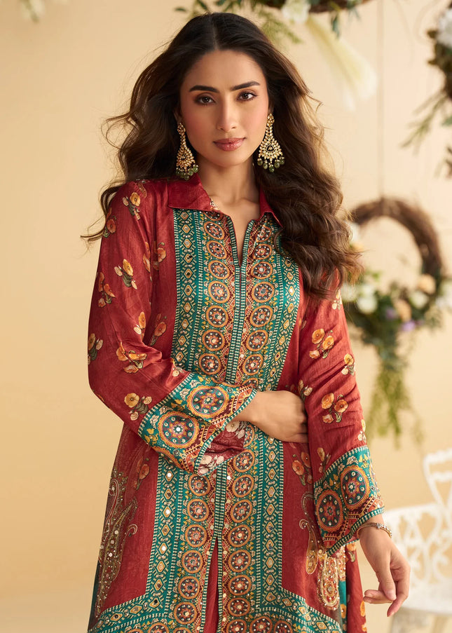 Rust Multicolored Printed and Embroidered Co-Ord Set