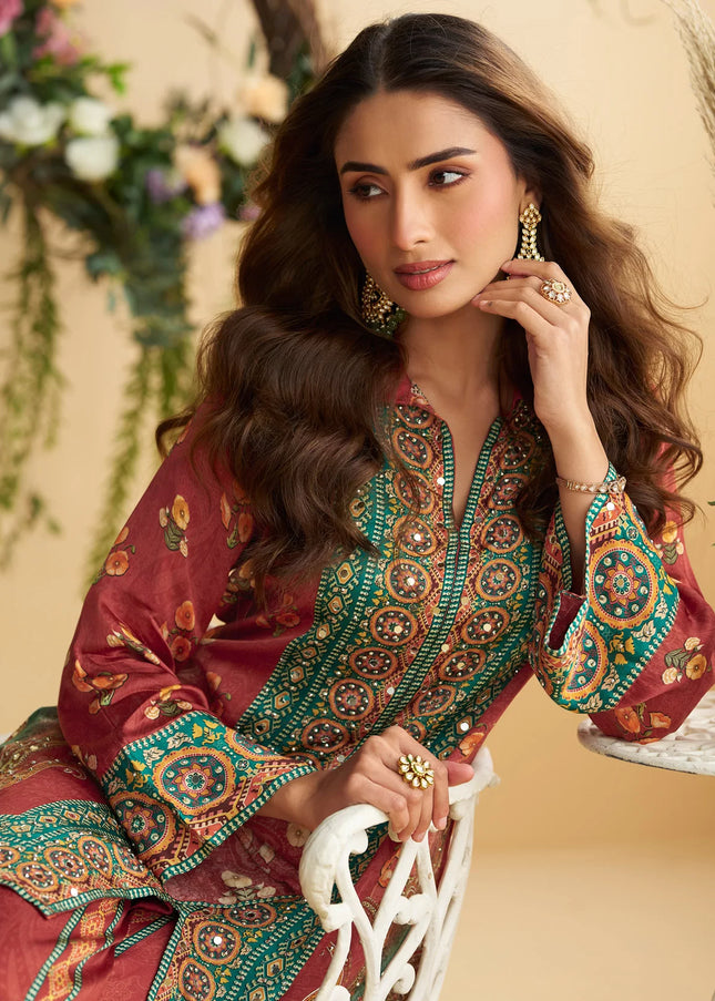 Rust Multicolored Printed and Embroidered Co-Ord Set