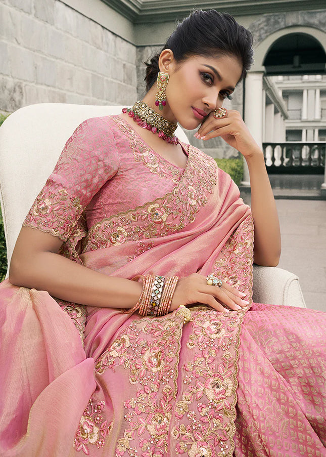 Pink Embroidered Wedding Saree