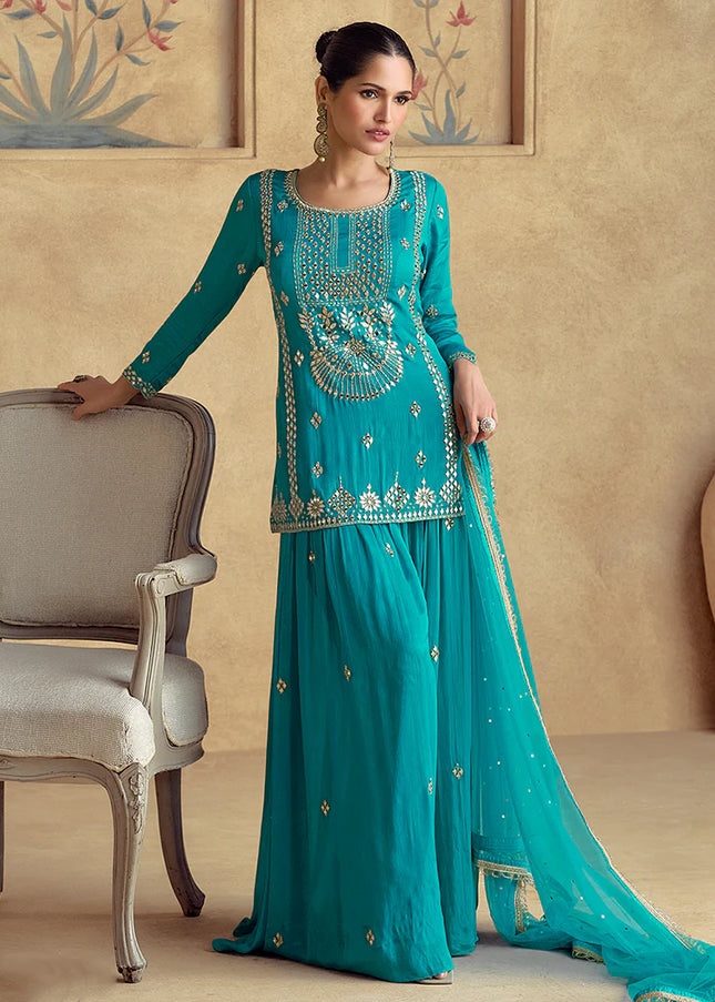 Sky Blue Embroidered Sharara Suit