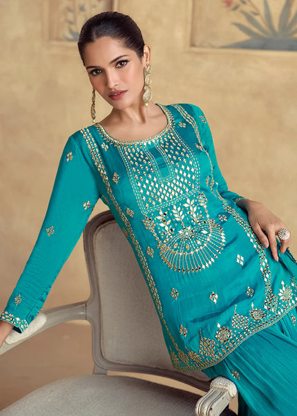 Sky Blue Embroidered Sharara Suit