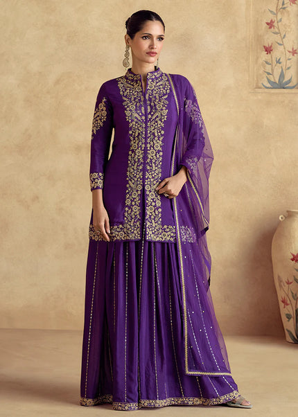 Purple Embroidered Sharara Suit