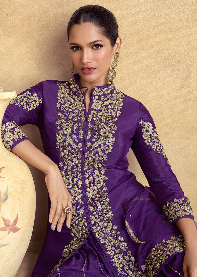 Purple Embroidered Sharara Suit