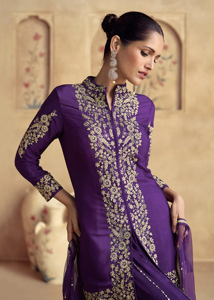 Purple Embroidered Sharara Suit