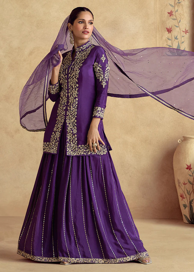 Purple Embroidered Sharara Suit