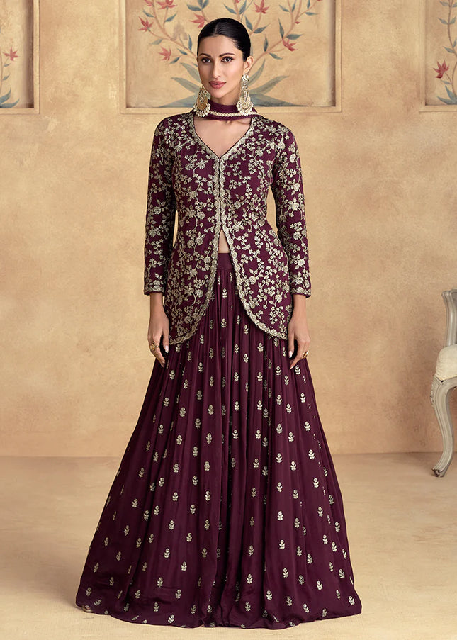 Maroon Embroidered Jacket Style Lehenga Suit