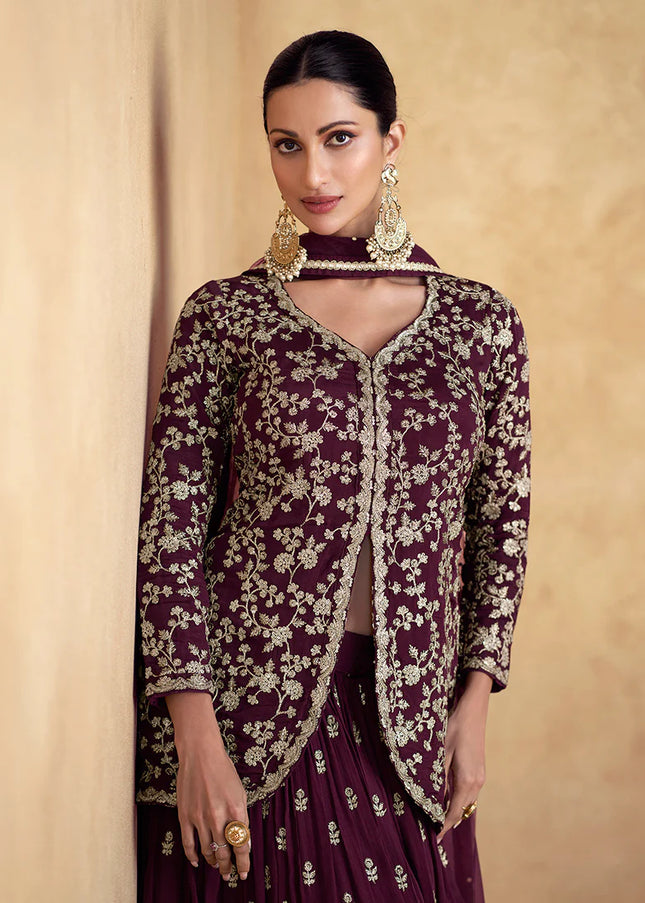 Maroon Embroidered Jacket Style Lehenga Suit