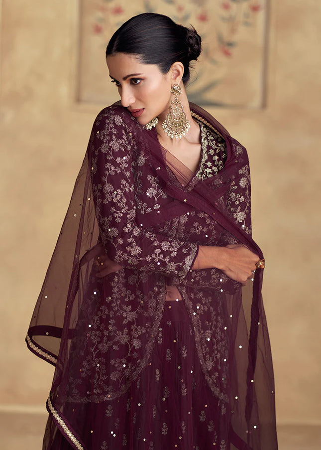 Maroon Embroidered Jacket Style Lehenga Suit