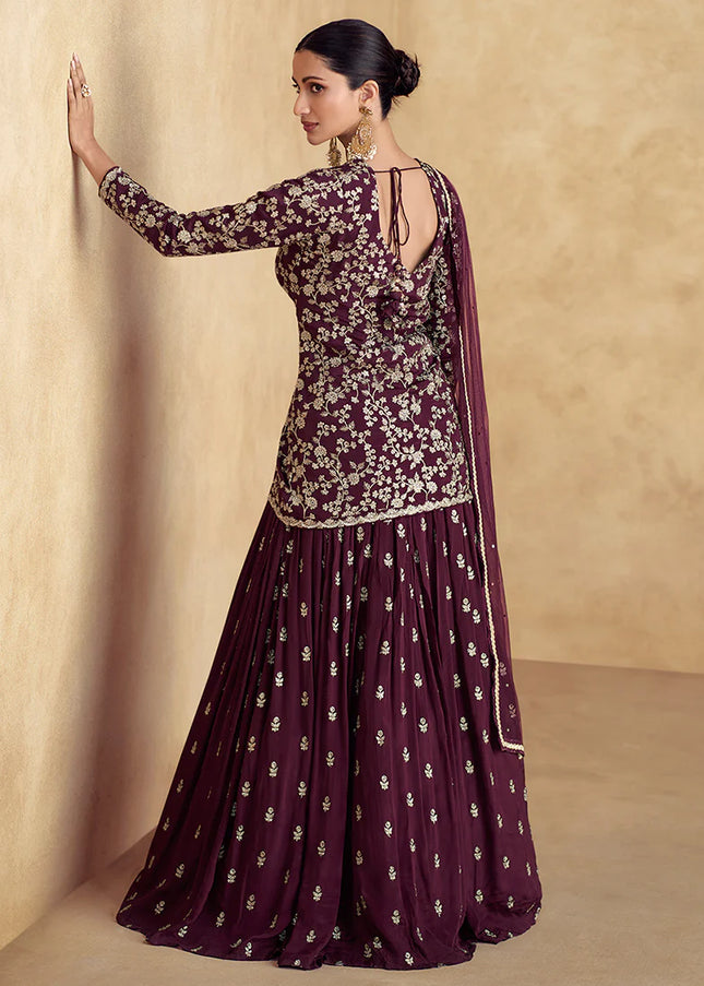 Maroon Embroidered Jacket Style Lehenga Suit