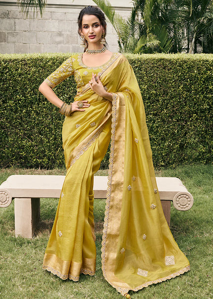 Mustard Embroidered Wedding Saree