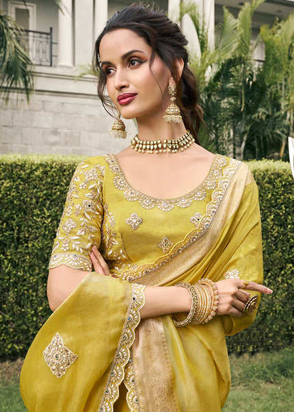Mustard Embroidered Wedding Saree
