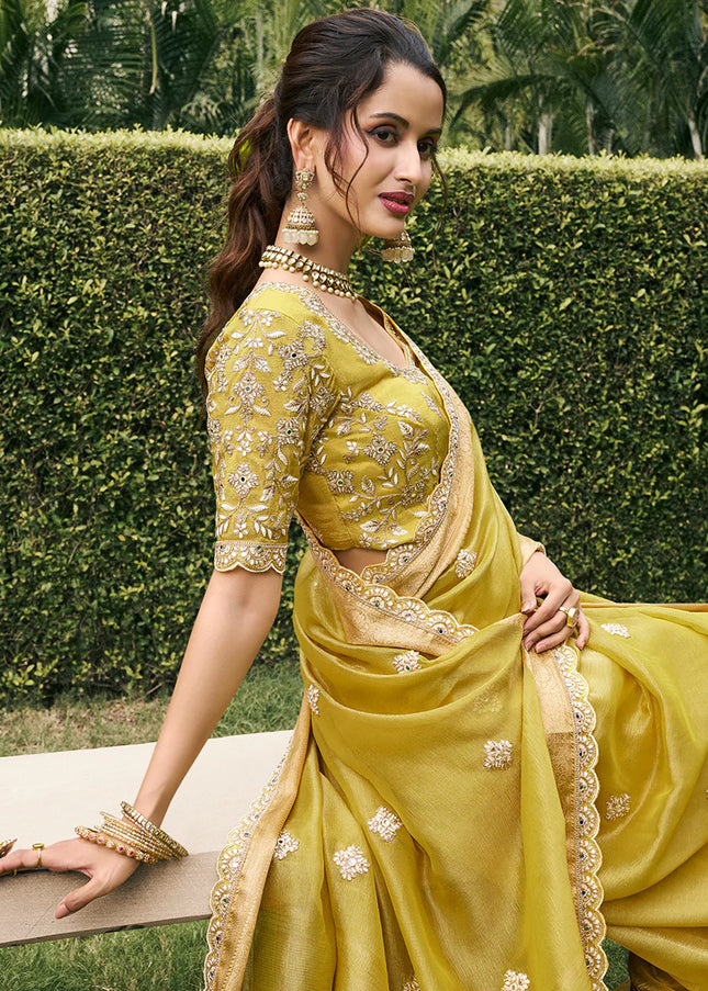 Mustard Embroidered Wedding Saree