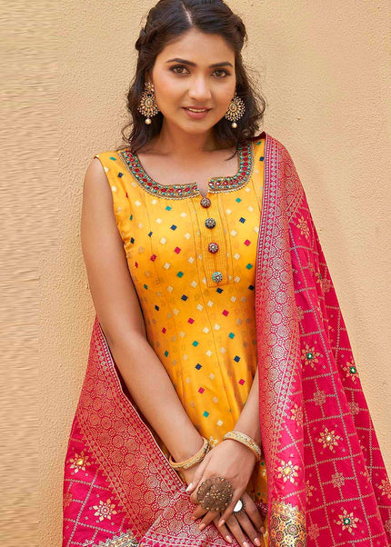 Yellow and Pink Banarasi Anarkali Gown