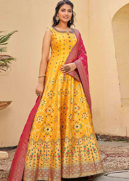 Yellow and Pink Banarasi Anarkali Gown
