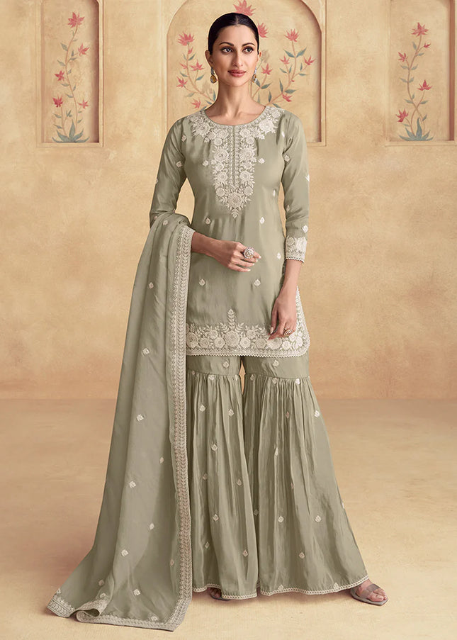 Sage Green Embroidered Gharara Suit