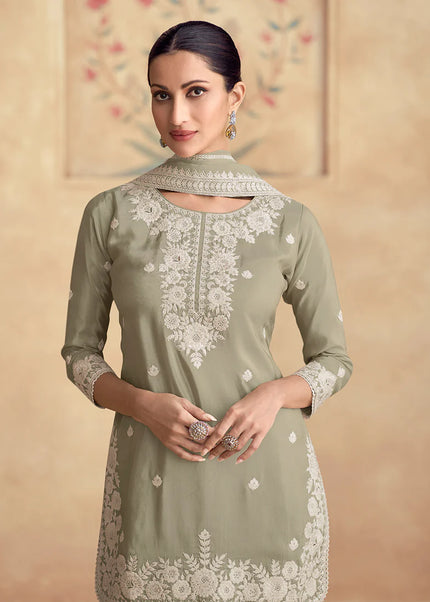 Sage Green Embroidered Gharara Suit