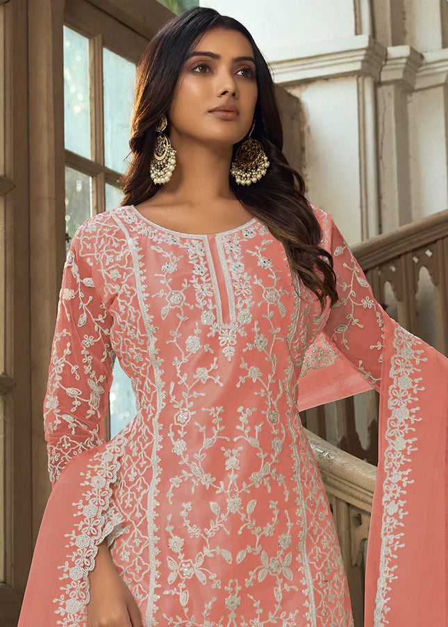 Peach Embroidered Pant Style Suit
