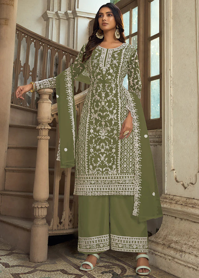 Green Embroidered Pant Style Suit