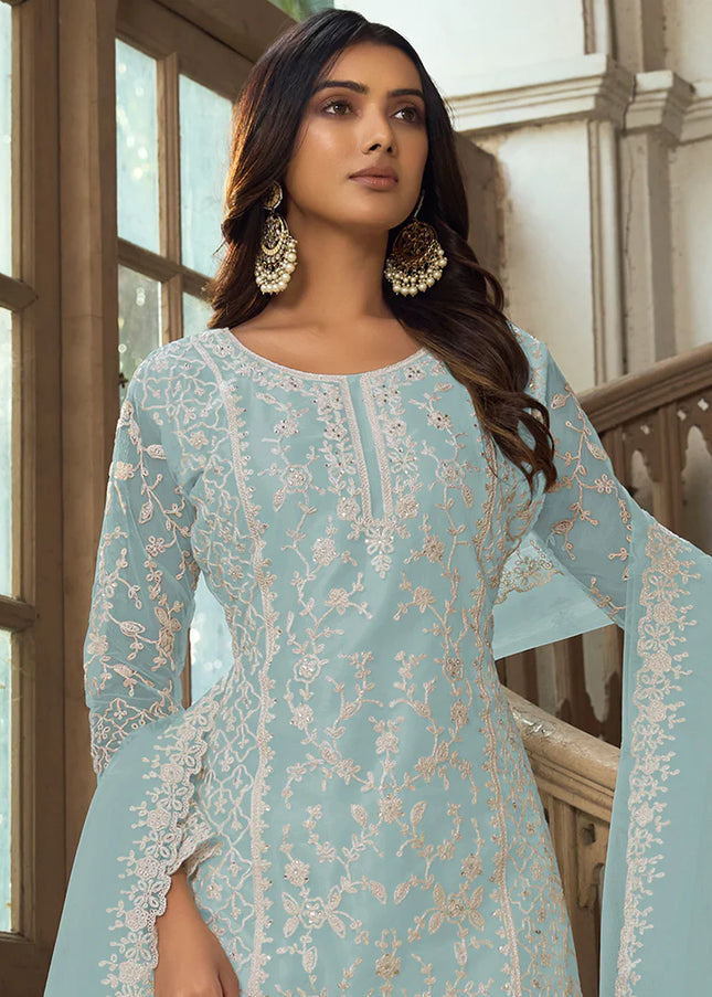 Sky Blue Embroidered Pant Style Suit