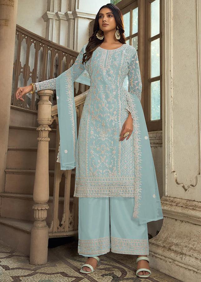 Sky Blue Embroidered Pant Style Suit